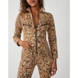 Free People Lennox Printed Jumpsuit Brown Floral Zip-Up Boho 70s-Vibe Retro